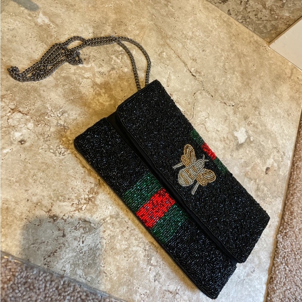 Elegant Black Beaded Clutch with Bee Design
